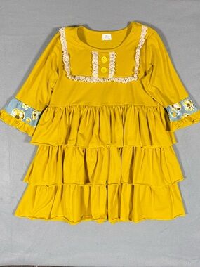 Mustard Yellow Tiered Ruffle Dress Girls Size 14 16 Boho Lace‎ Trim Twirl Dress